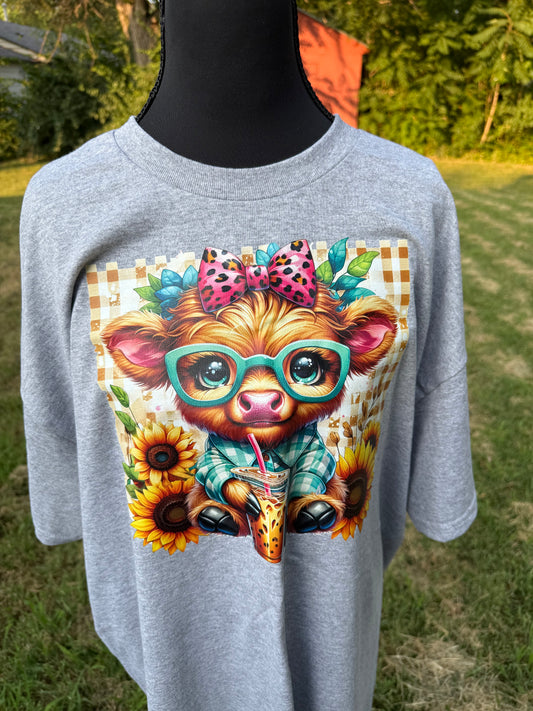 Highland cow custom DTF t-shirt - Grey - Xlg