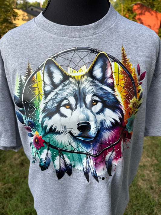 Dream catcher wolf DTF custom t-shirt - Grey - Medium