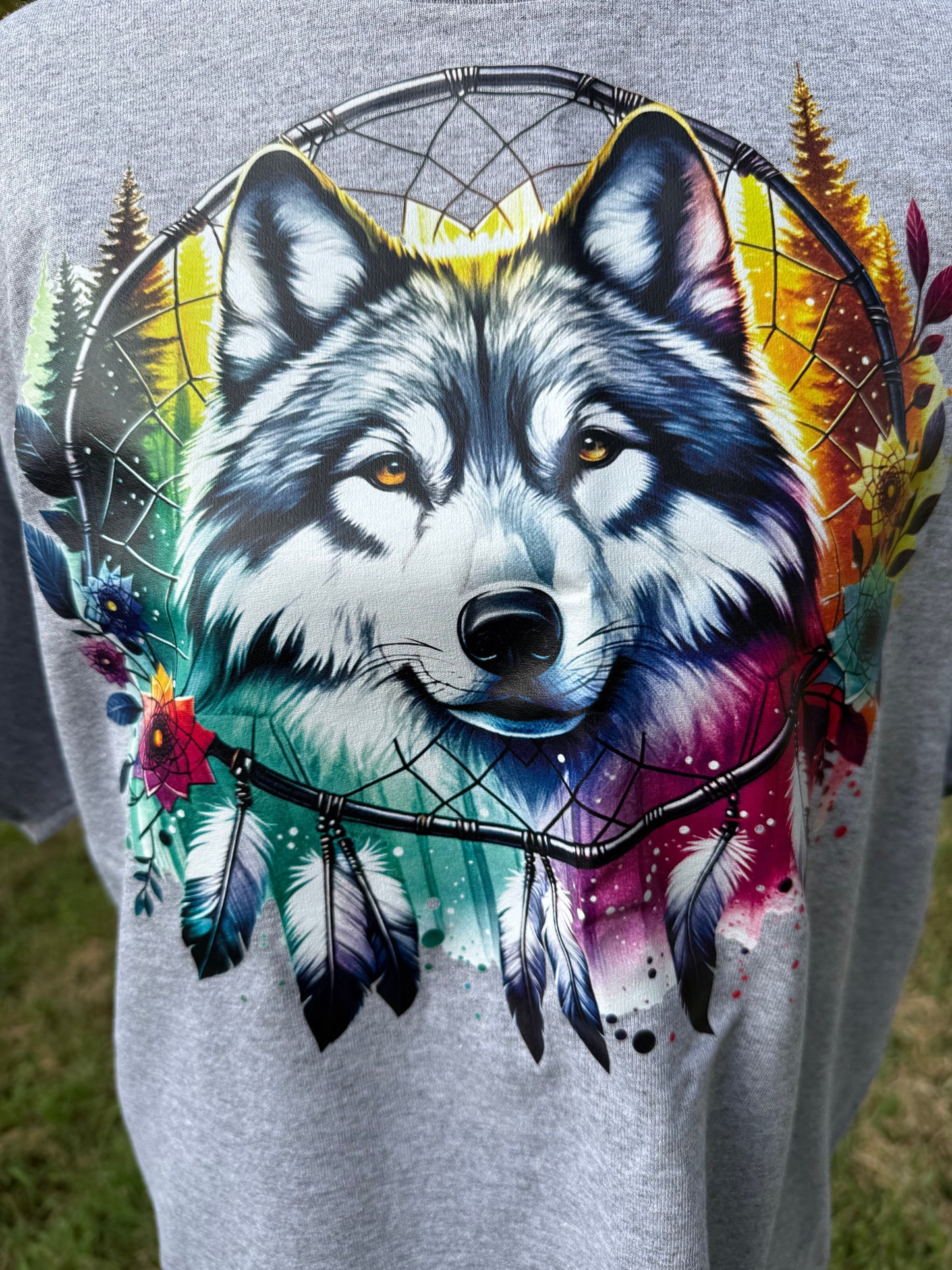 Dream catcher wolf DTF custom t-shirt - Grey - Medium