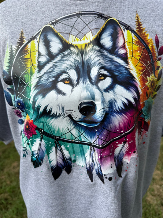 Dream catcher wolf DTF custom t-shirt - Grey - Medium